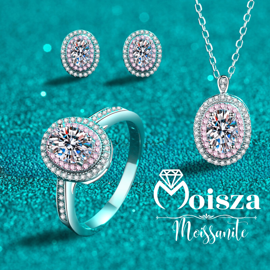 Oval Cut Pink Double Halo 0.5 / 1 Carat Moissanite 4-Piece S925 Jewelry Set (Ring, Earrings, Necklace)