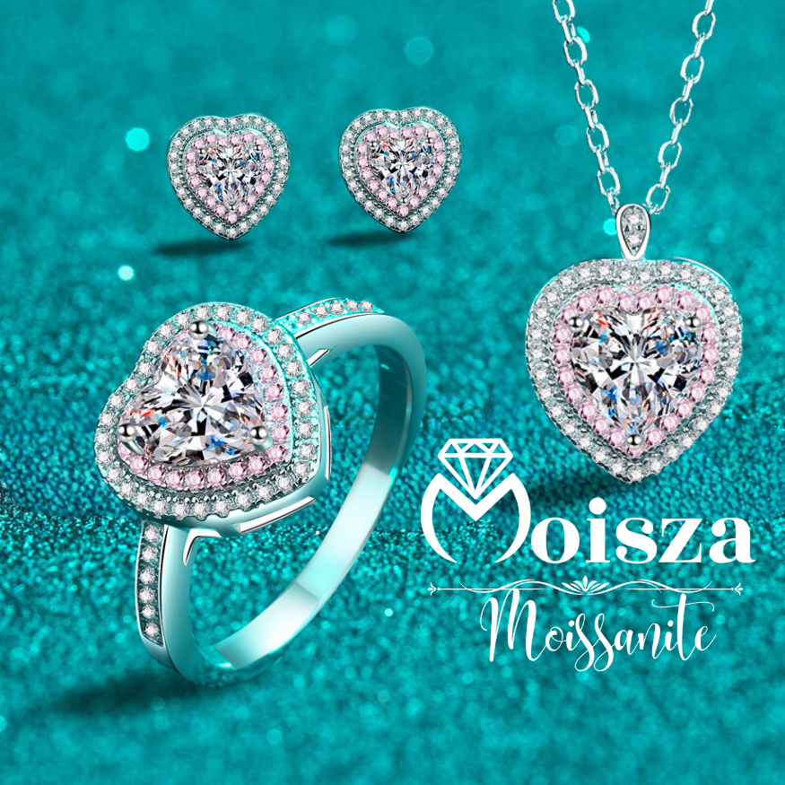 Heart-Shaped Pink Double Halo 0.5 / 1 Carat Moissanite 4-Piece S925 Jewelry Set (Ring, Earrings, Necklace)