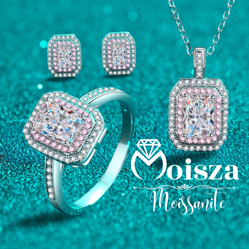 Emerald/Radiant Cut Pink Double Halo 0.5 / 1 Carat Moissanite 4-Piece S925 Jewelry Set (Ring, Earrings, Necklace)