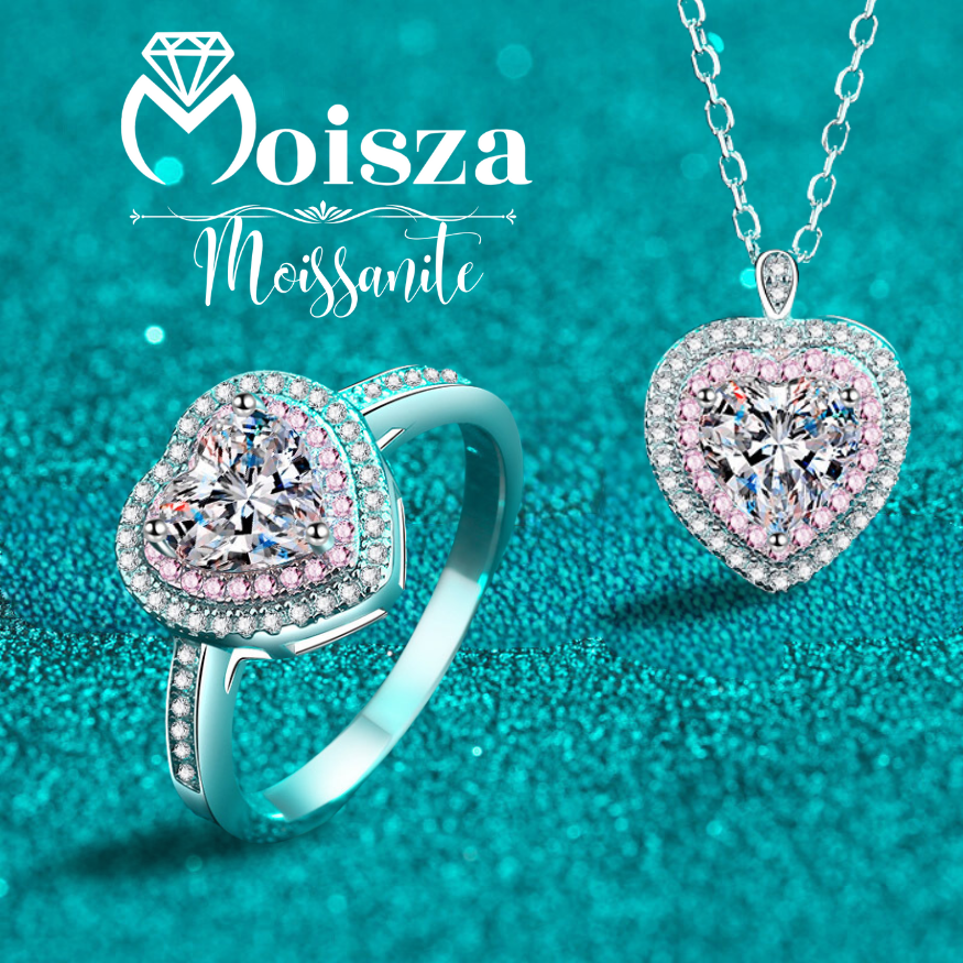 Heart-Shaped Pink Double Halo 0.5 / 1 Carat Moissanite 4-Piece S925 Jewelry Set (Ring, Earrings, Necklace)