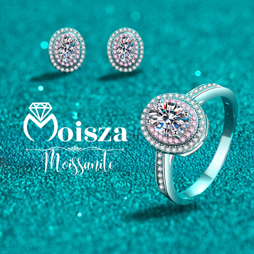 Oval Cut Pink Double Halo 0.5 / 1 Carat Moissanite 4-Piece S925 Jewelry Set (Ring, Earrings, Necklace)