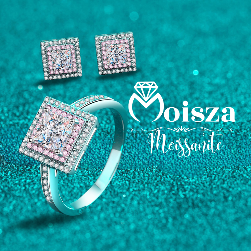 Princess Cut Pink Double Halo 0.6 / 1 Carat Moissanite 4-Piece S925 Jewelry Set (Ring, Earrings, Necklace)