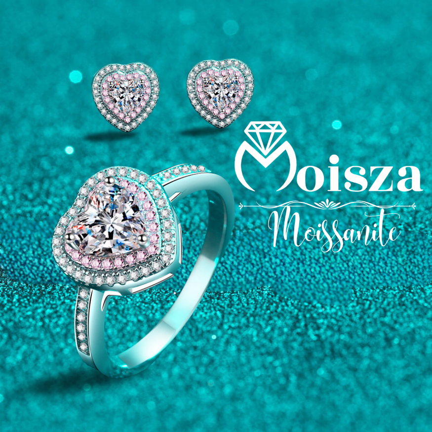 Heart-Shaped Pink Double Halo 0.5 / 1 Carat Moissanite 4-Piece S925 Jewelry Set (Ring, Earrings, Necklace)