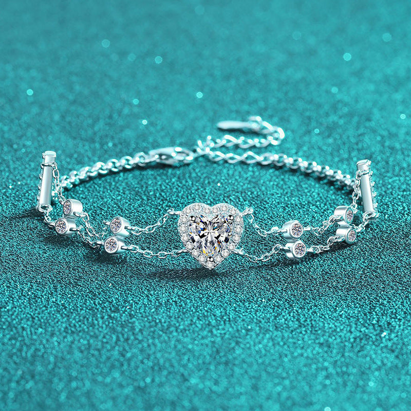 Fancy Blue/White Heart-Shaped Halo 1 Carat Moissanite Diamond S925 Bracelet