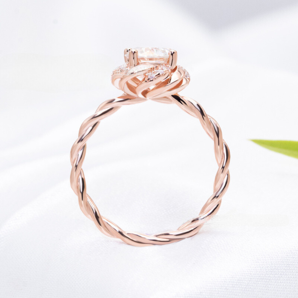 Roségold-Blumenfassung, gedrehter Schaft, runder Schliff-Solitär-1-Karat-Moissanit-Diamant-S925-Verlobungsring