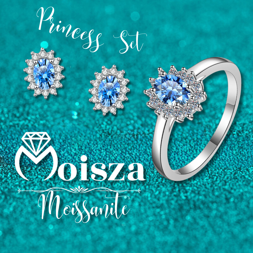 Princess Diana Oval Cut Sapphire Halo 0.5 / 1 Carat Moissanite 4-Piece S925 Jewelry Set (Ring, Earrings, Necklace)