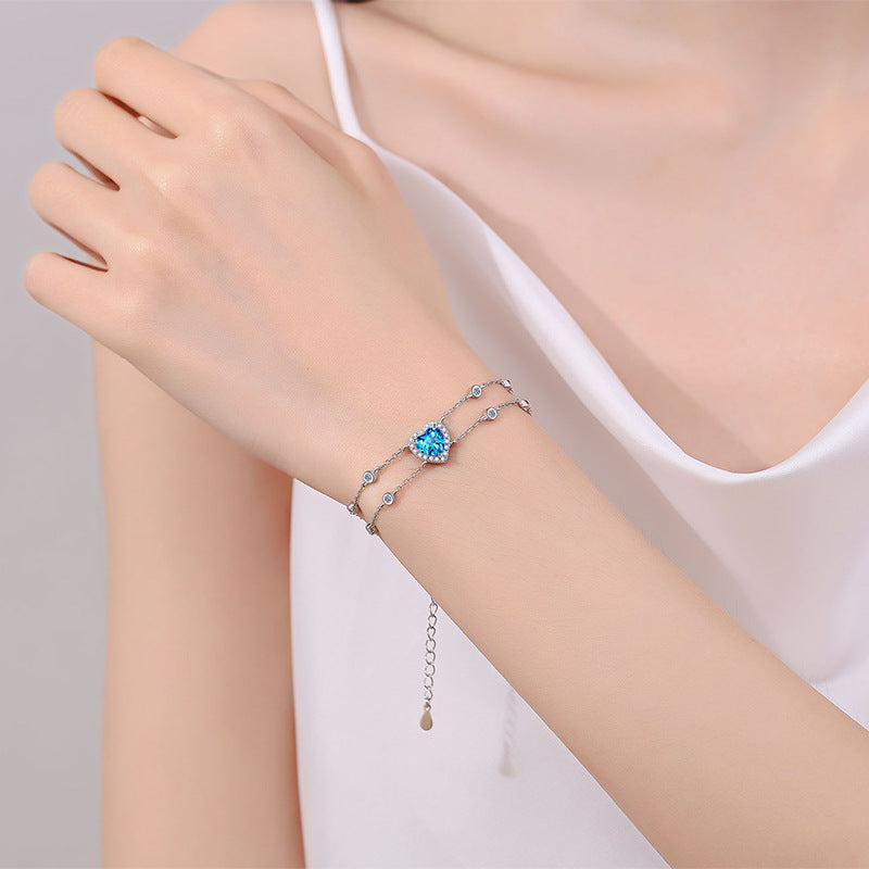 Fancy Blue/White Heart-Shaped Halo 1 Carat Moissanite Diamond S925 Bracelet