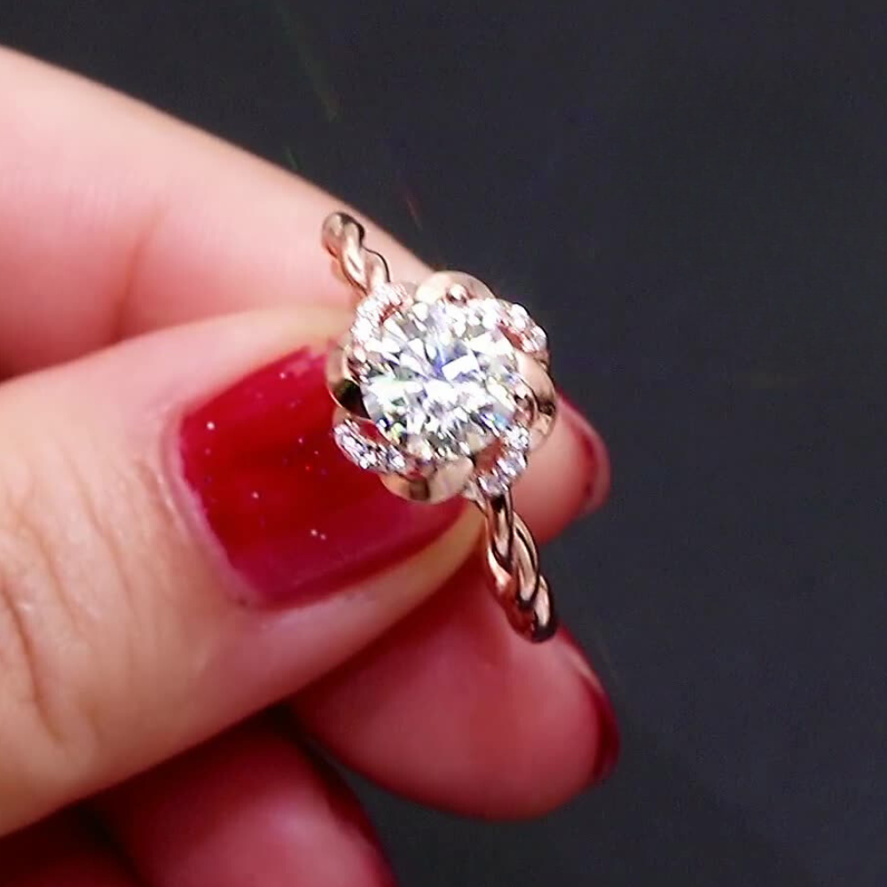 Rose Gold S925 Twisted Rope Shank 1ct Floral D Color VVS Moissanite Diamond Engagement Ring
