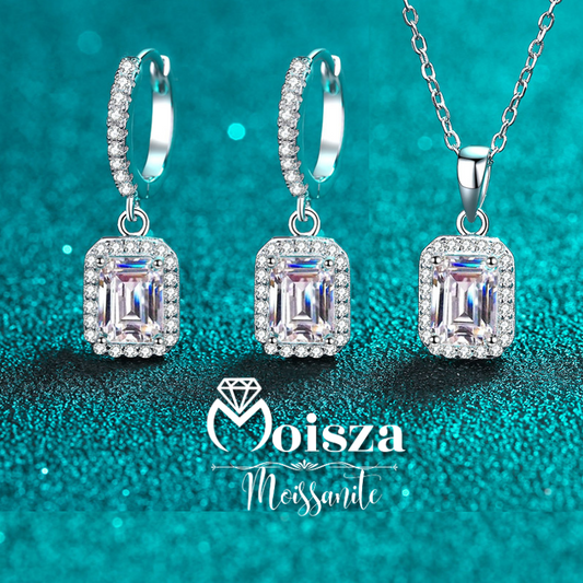 Emerald/Radiant Cut Halo 1 Carat Moissanite 3-Piece S925 Jewelry Set (Drop Earrings and Necklace)