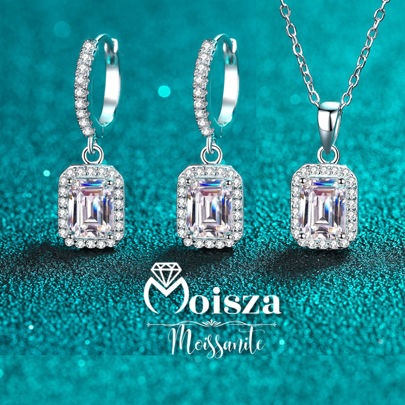 Pendientes colgantes con cierre tipo palanca y pavé S925 chapados en platino con diamantes de moissanita de 1/2 quilate con halo de talla esmeralda/radiante