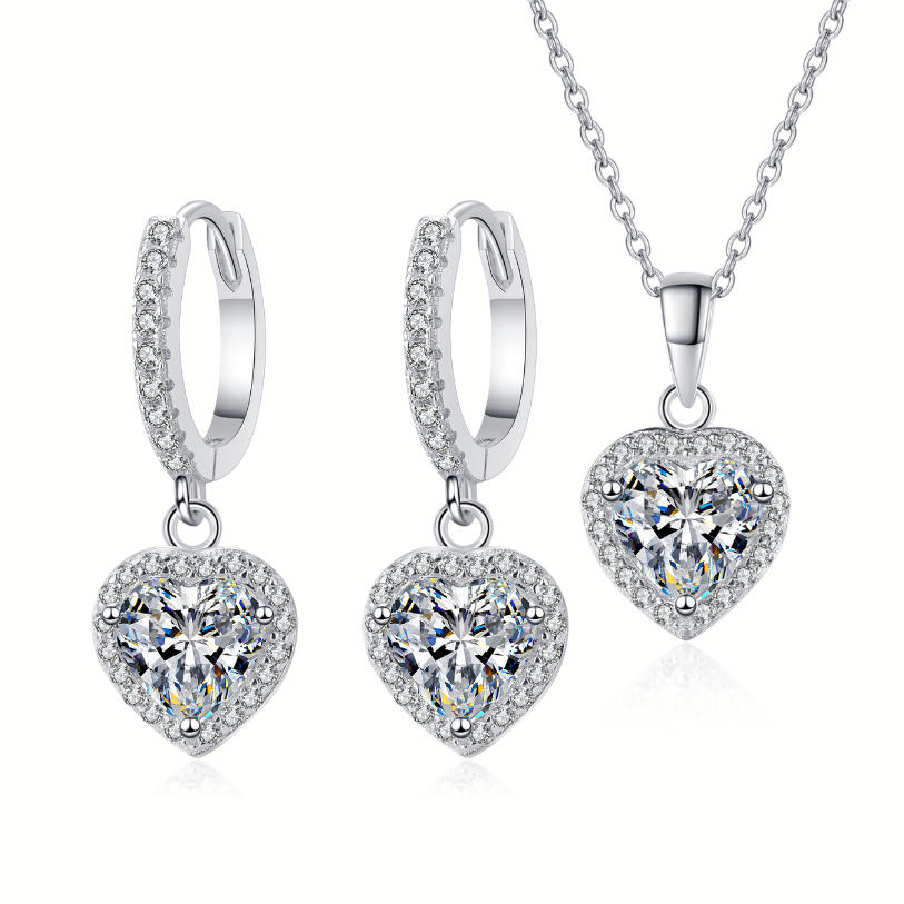 Herzförmiger Halo 1 Karat Moissanit 3-teiliges S925-Schmuckset (Ohrhänger und Halskette)