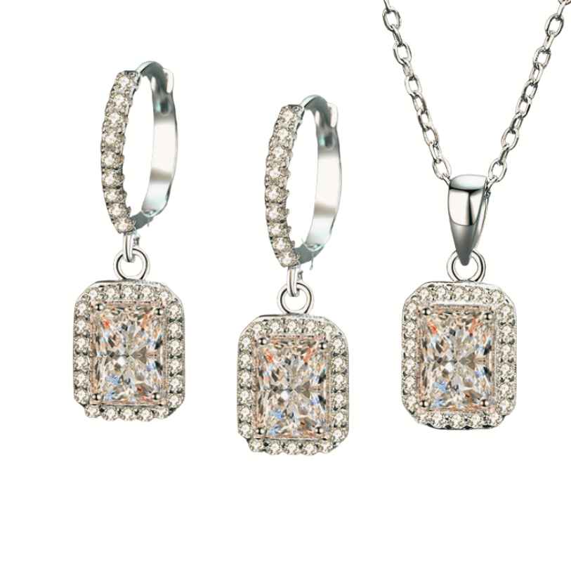 Emerald/Radiant Cut Halo 1 Carat Moissanite 3-Piece S925 Jewelry Set (Drop Earrings and Necklace)