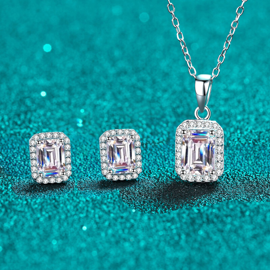 Emerald Cut Halo 1 Carat Moissanite 3-Piece S925 Jewelry Set (Stud Earrings and Necklace)