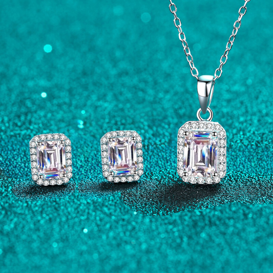 Emerald Cut Halo 1 Carat Moissanite 3-Piece S925 Jewelry Set (Stud Earrings and Necklace)