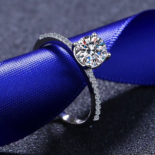 Round Cut 4-Prong Pave Solitaire 1 Carat Moissanite Diamond Platinum Plated S925 Engagement Ring