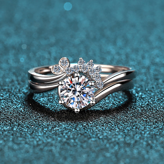 Bypass Round Cut Solitaire 0.8 Carat Moissanite Platinum Plated Engagement Ring and Fancy Band - Bridal Set