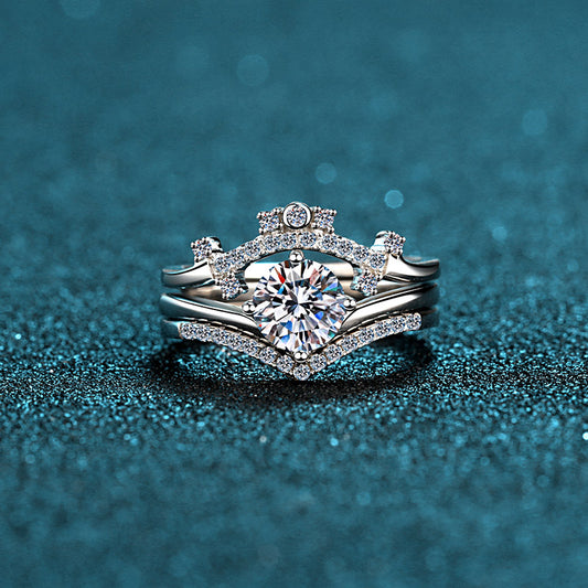 3-Piece Round Cut Solitaire 0.8 Carat Moissanite Engagement Ring and 2 Pave Bands - Bridal Set