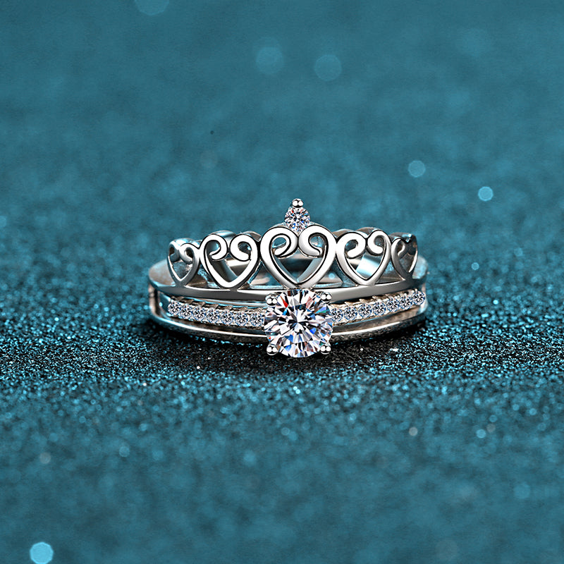 Royal Round Cut Solitaire 0.5 Carat Moissanite Platinum Plated Engagement Ring and Crown-Shaped Band - Bridal Set
