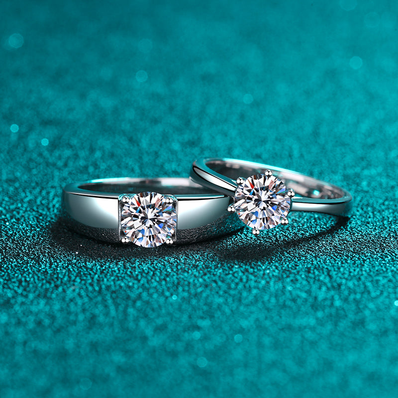Fantastic Round Solitaire 0.5 - 1.5 Carat Moissanite S925 Wedding Set as Couple Rings or Promise Rings (Adjustable size available)