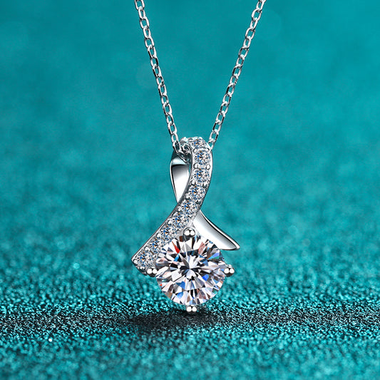 Twisted Ribbon Round Cut 0.5 / 1 Carat Moissanite Diamond S925 Pavé Pendant Necklace