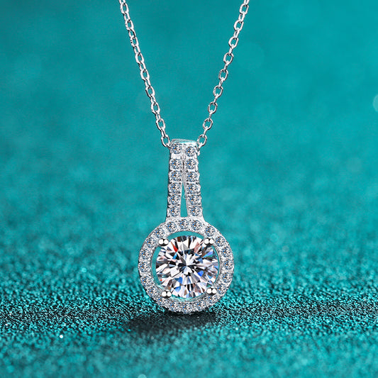 Round Halo 0.5-5 Carat Moissanite Pendant Pave Bail Platinum-Plated S925 Necklace