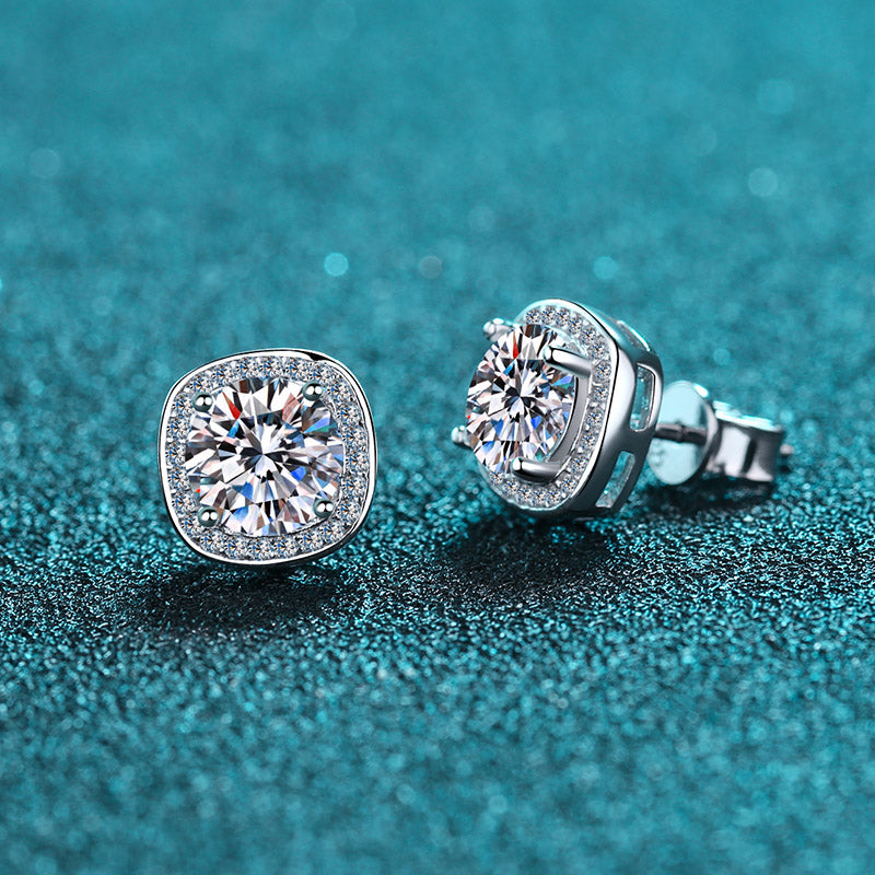 Square Round Cut Halo 0.5/1 Carat Moissanite Diamond S925 Stud Earrings
