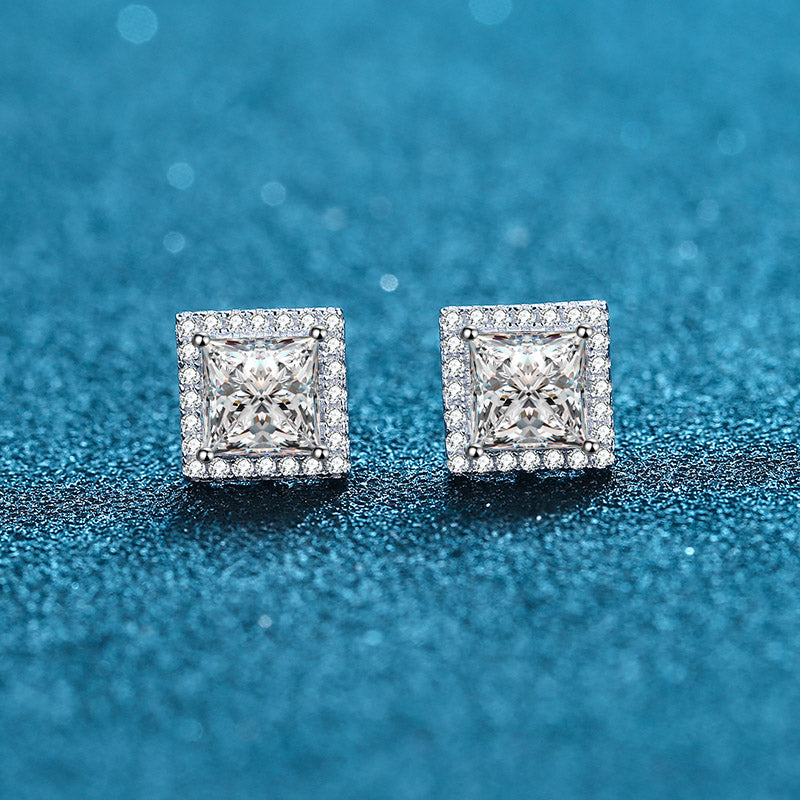 Princess Cut Halo 0.5/1/2 Carat Moissanite Diamond S925 Stud Earrings