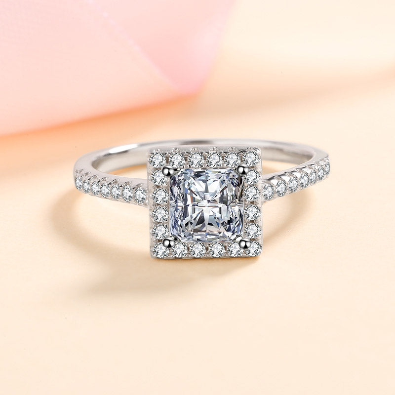 Princess Cut Pave Halo 1 Carat Moissanite Diamond S925 Engagement Ring