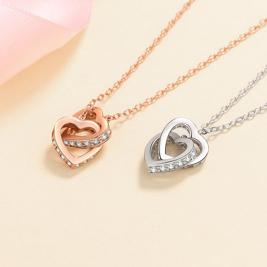 Rose Gold/White Channel Set Interlocking Hearts Moissanite S925 Pendant Necklace