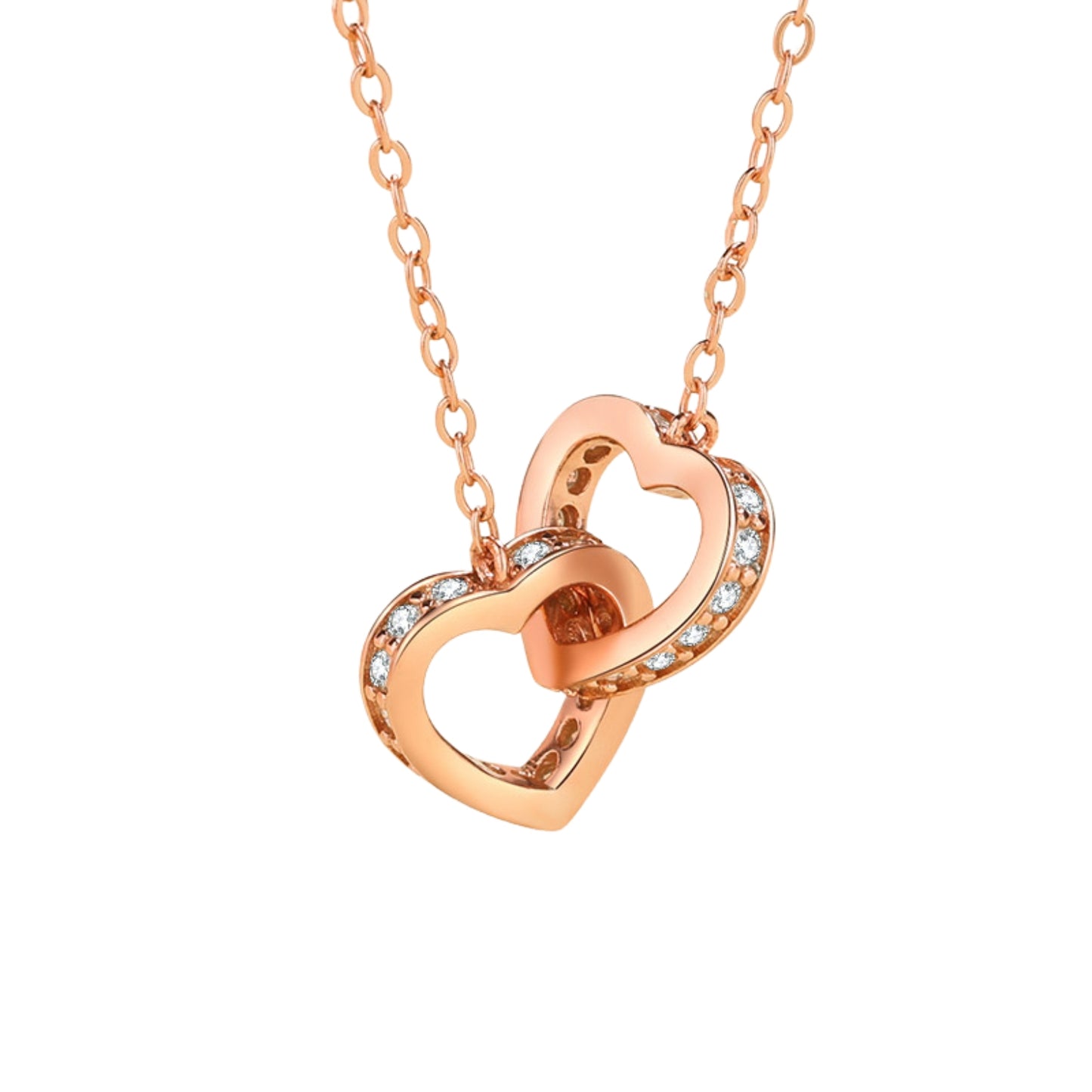 Halskette mit ineinandergreifenden Herzen aus Roségold/Weiß mit Moissanit-Anhänger aus S925