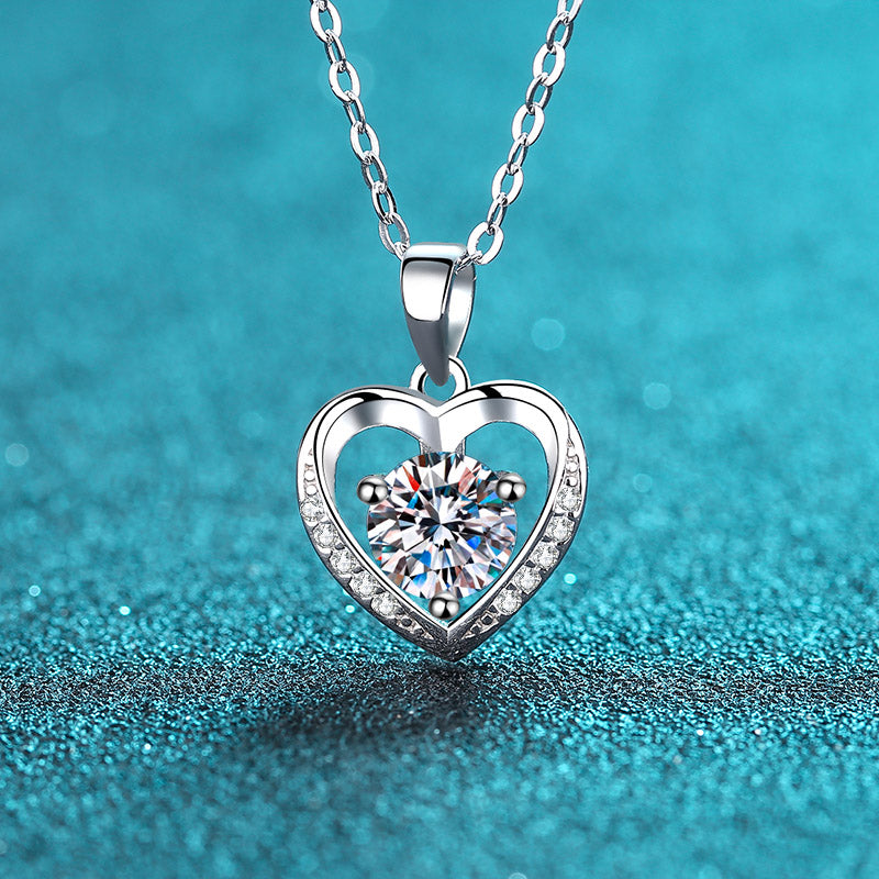 Classic Pave Heart Round Cut 1 Carat Moissanite S925 Pendant Necklace