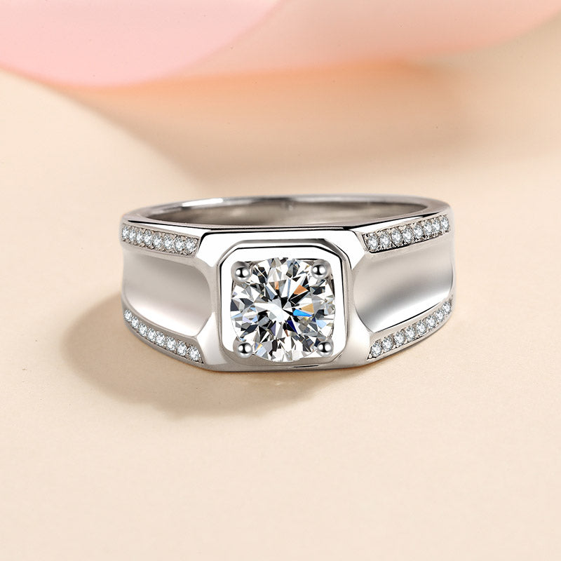 Round Cut Pave Solitaire 1 Carat Moissanite Diamond S925 Man Ring