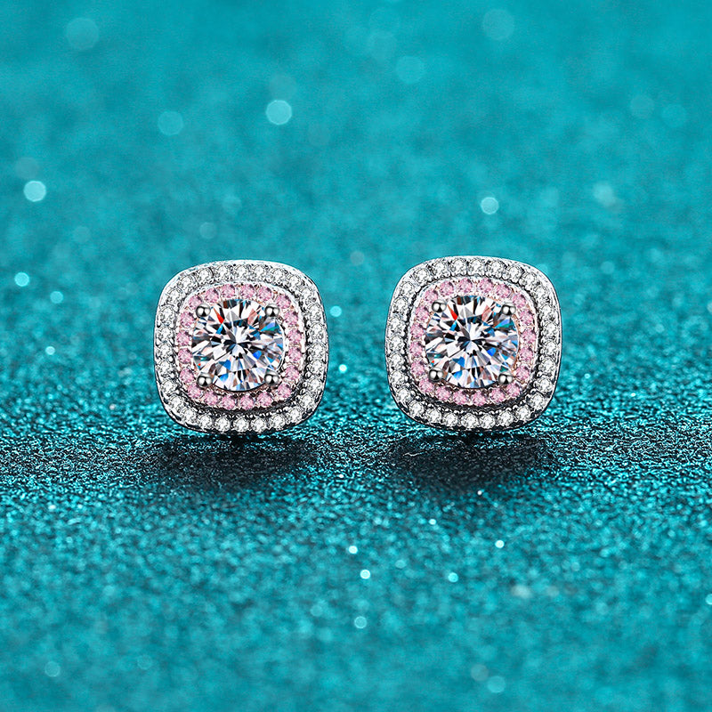 Double Square Round Cut Pink Halo 0.5 / 1 Carat Moissanite 4-Piece S925 Jewelry Set (Ring, Earrings, Necklace)