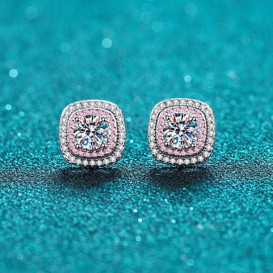 Double Square Round Cut Halo 0.5 Carat Moissanite Diamond S925 Stud Earrings