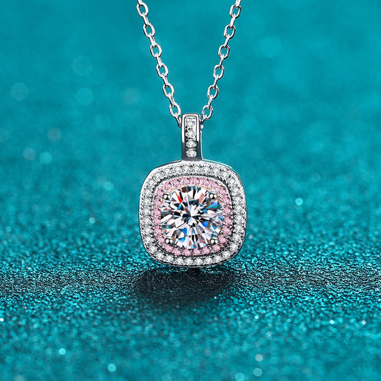 Double Square Round Cut Pink Halo 1 Carat Moissanite Pendant S925 Necklace