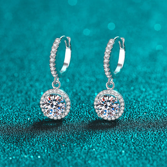 Round Cut Halo 1 Carat Moissanite Diamond Platinum-Plated S925 Pave Leverback Drop Earrings