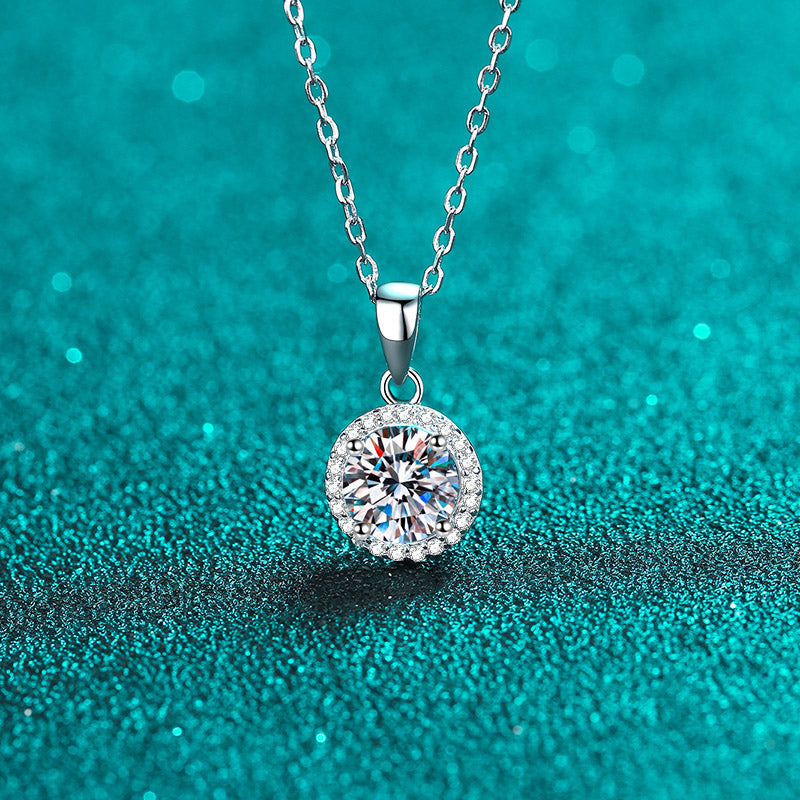 Round Cut Halo 1 Carat Moissanite Pendant Platinum-Plated S925 Necklace