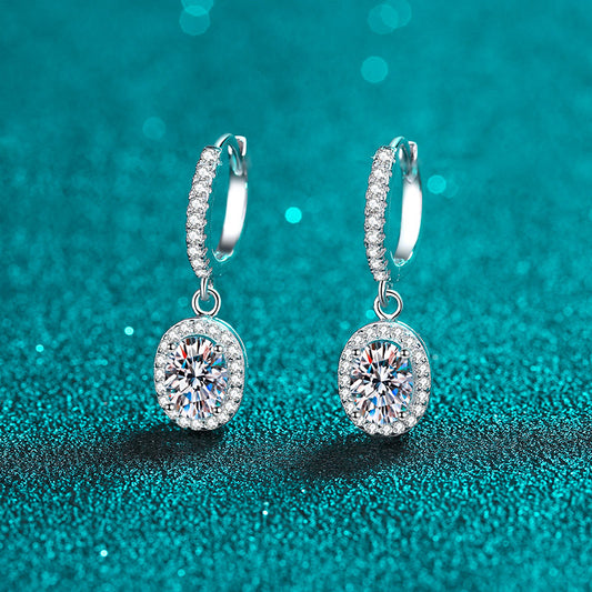 Oval Cut Halo 1 Carat Moissanite Diamond Platinum-Plated S925 Pave Leverback Drop Earrings