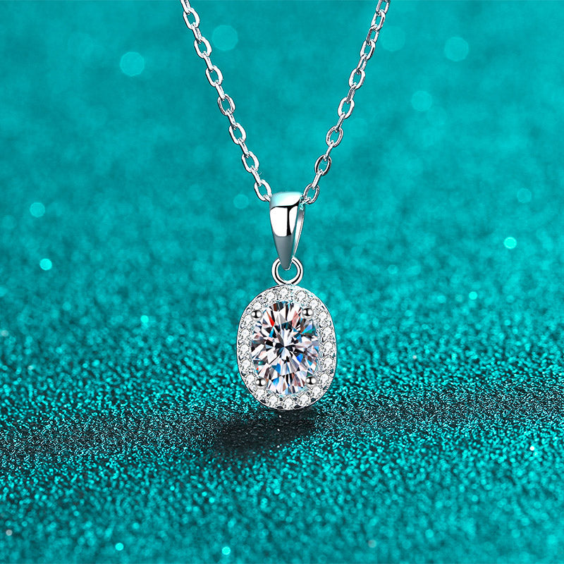 Oval Cut Halo 1 Carat Moissanite Pendant Platinum-Plated S925 Necklace