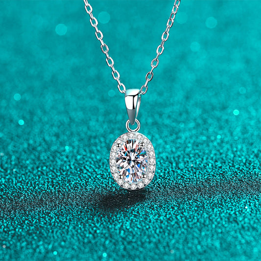 Oval Cut Halo 1 Carat Moissanite Pendant Platinum-Plated S925 Necklace