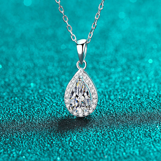 Pear Cut Halo 1 Carat Moissanite Pendant Platinum-Plated S925 Necklace