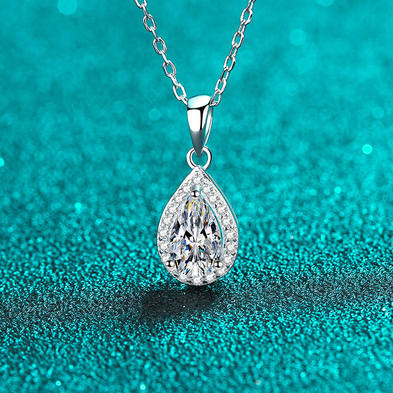 Pear Cut Halo 1 Carat Moissanite 3-Piece S925 Jewelry Set (Drop Earrings and Necklace)