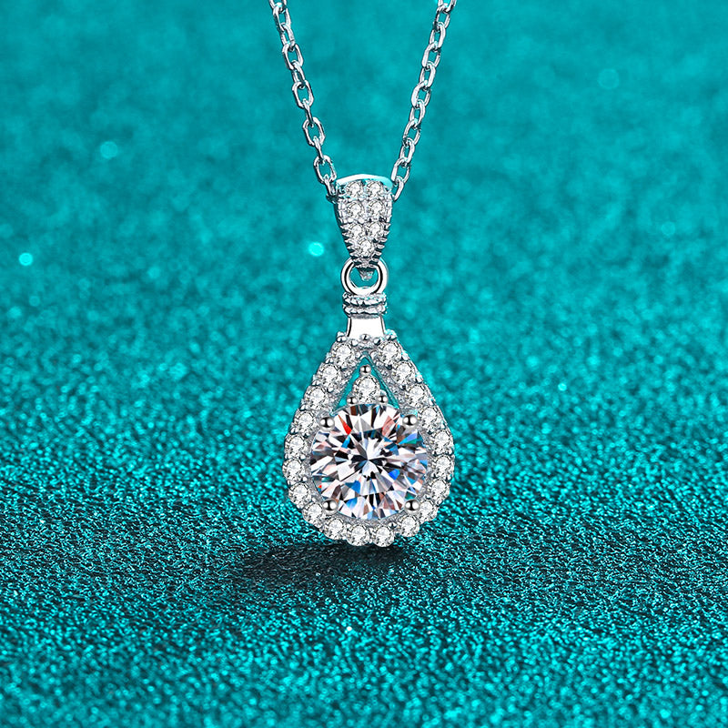 Waterdrop Round Cut Halo 1 - 5 Carat Moissanite Platinum Plated S925 Necklace
