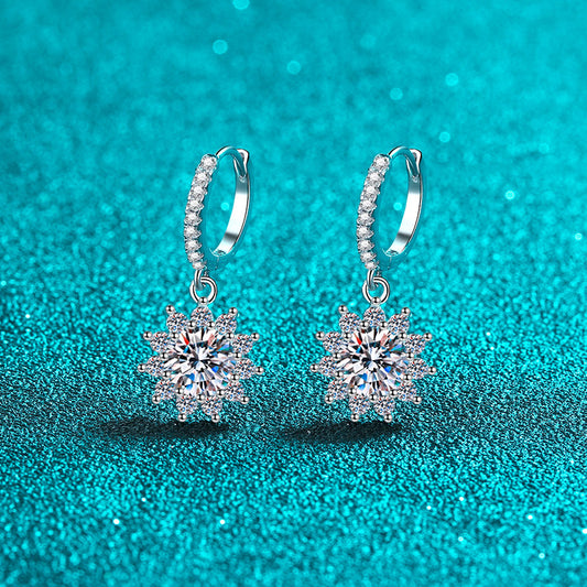 Sunflower Round Cut 0.5 / 1 Carat Moissanite Diamond Platinum-Plated S925 Pave Leverback Drop Earrings