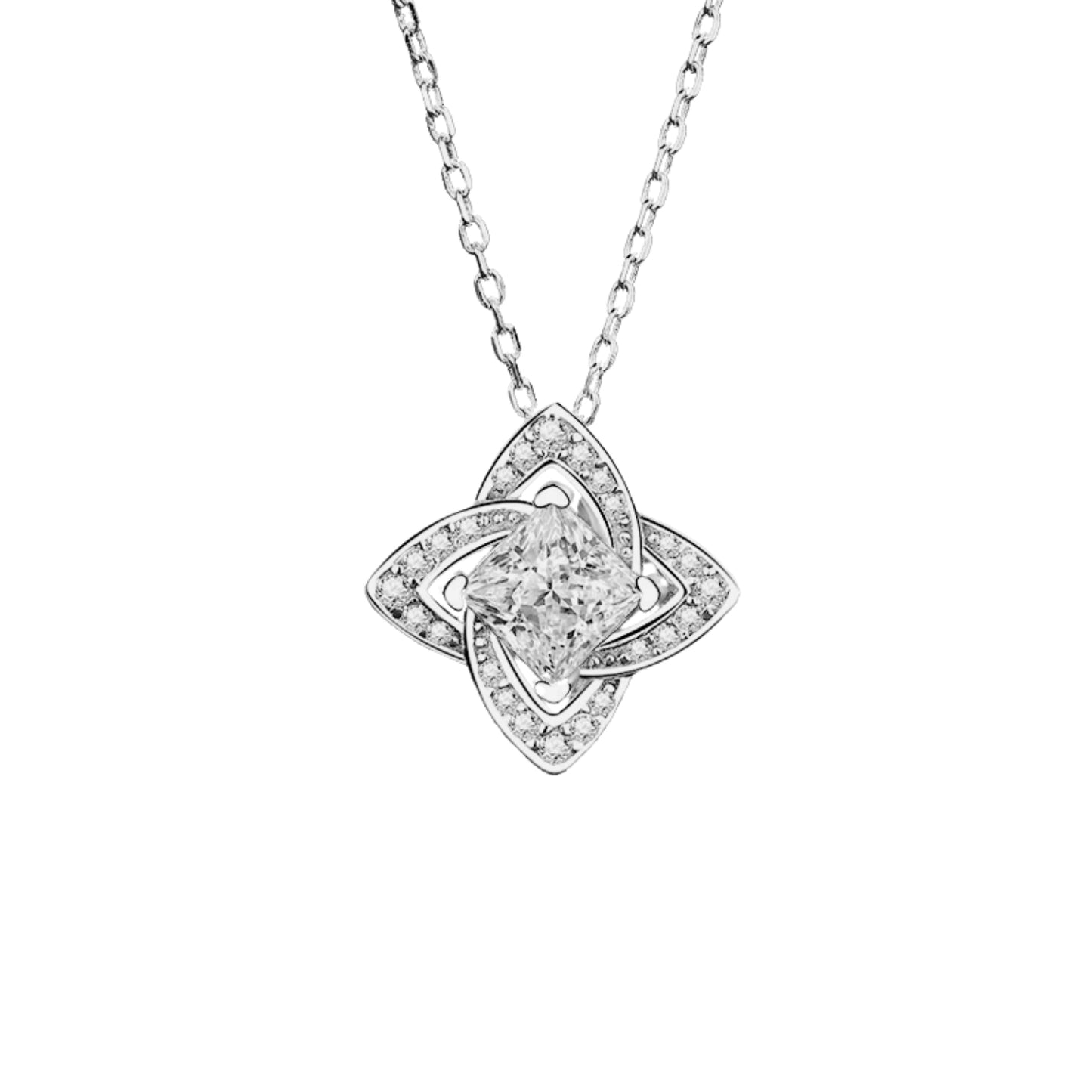Blau/weiße vierblättrige 1-Karat-Moissanit-Halskette mit platiniertem S925-Pavé-Anhänger im Princess-Schliff