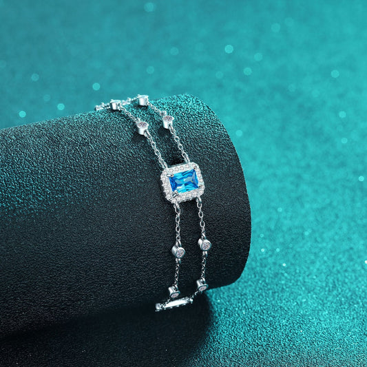 Blue/White Emerald Cut Halo 1 Carat Moissanite Diamond S925 Bracelet