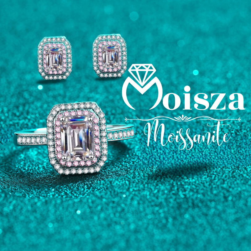 Emerald/Radiant Cut Pink Double Halo 0.5 / 1 Carat Moissanite 4-Piece S925 Jewelry Set (Ring, Earrings, Necklace)
