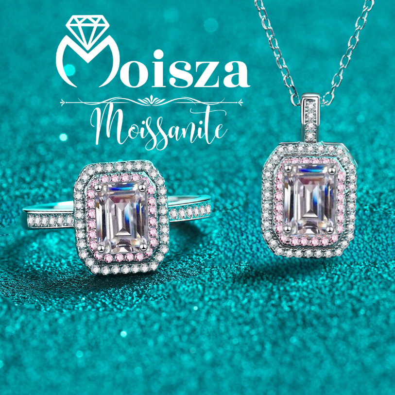 Emerald/Radiant Cut Pink Double Halo 0.5 / 1 Carat Moissanite 4-Piece S925 Jewelry Set (Ring, Earrings, Necklace)