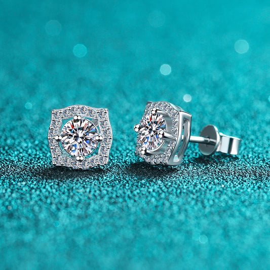 Groovy Square Round Cut Halo 0.5/1 Carat Moissanite Diamond S925 Stud Earrings