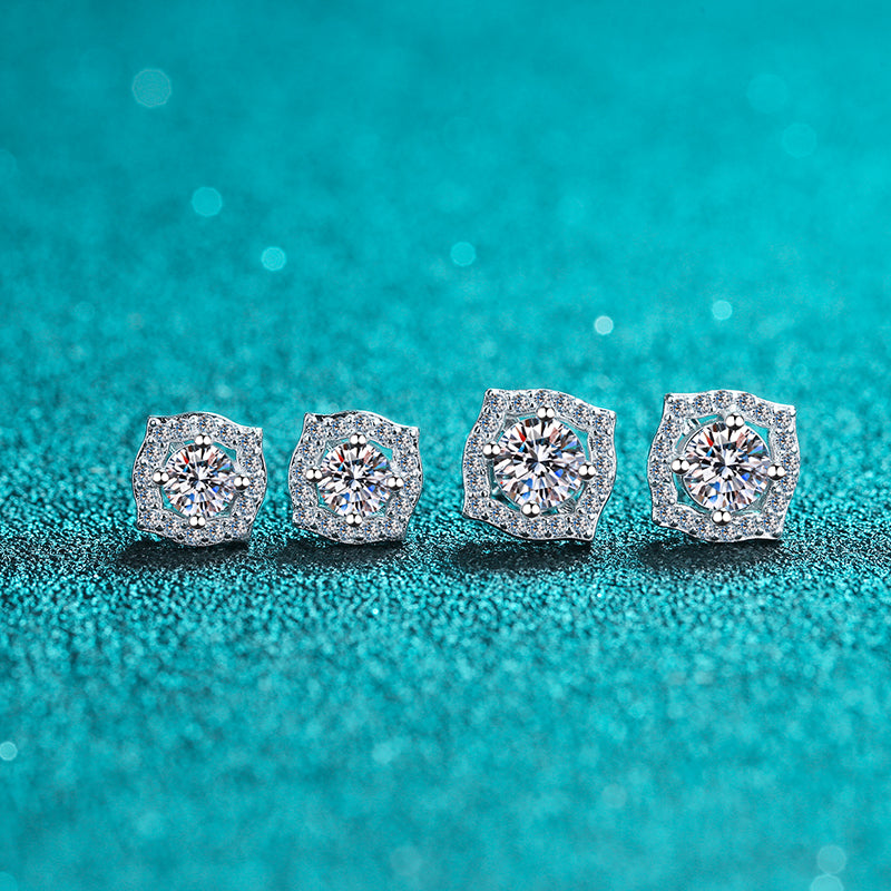 Groovy Square Round Cut Halo 0.5/1 Carat Moissanite Diamond S925 Stud Earrings